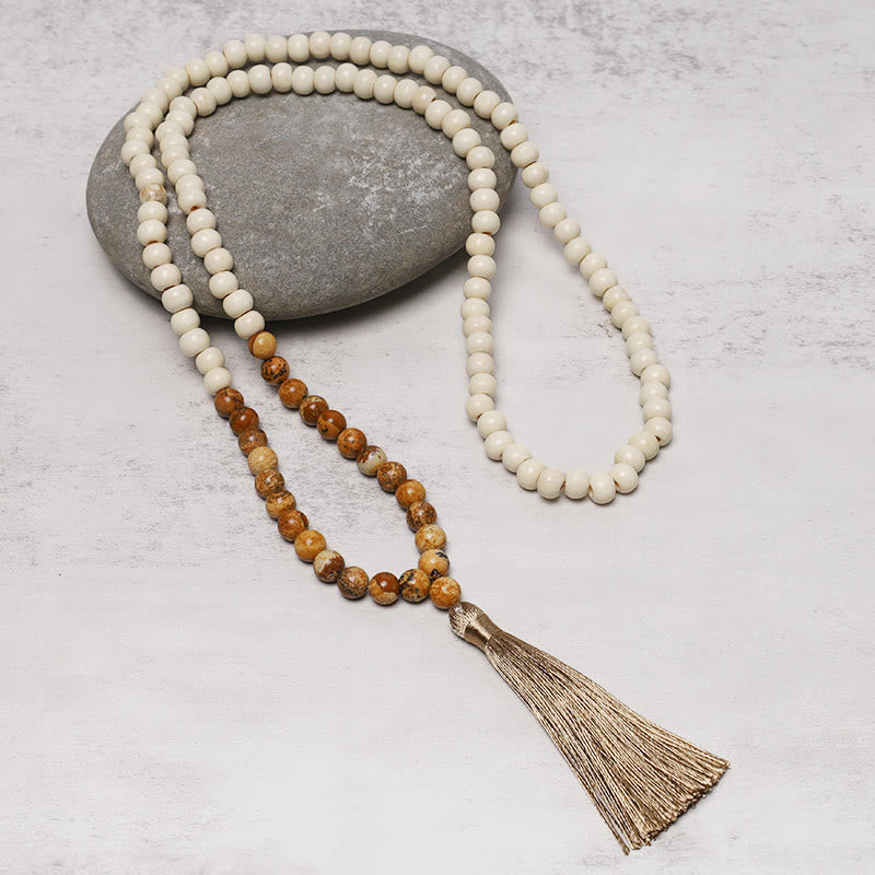 Buddha Stones Semi-Precious Gem Stones Wood Bead Necklace Multicolor Tassel Charms Chain Necklace