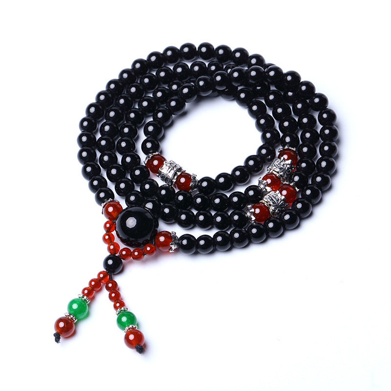 Buddha Stones 108 Beads Natural Black Obsidian Tiger Eye Mala Bracelet