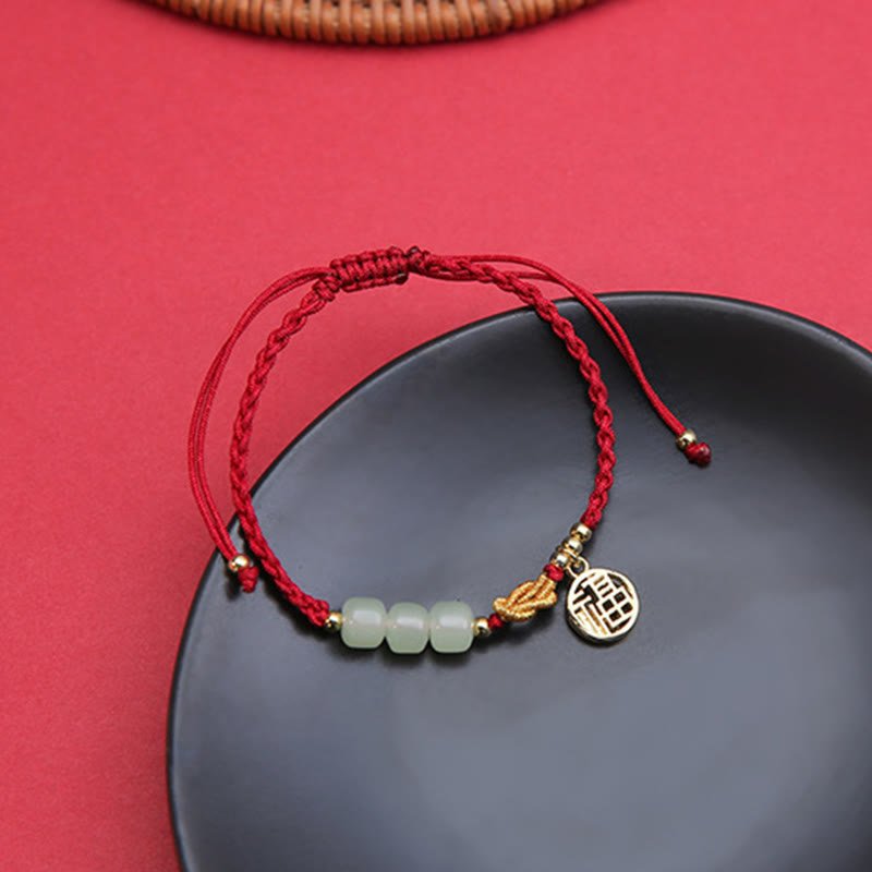 Buddha Stones Handcrafted Jade Bead Fu Character Charm Luck Red Rope Bracelet