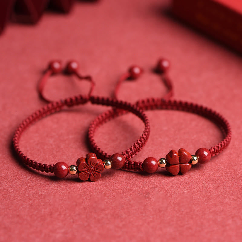 Buddha Stones Four Leaf Clover Five-petal Flower Cinnabar Blessing Red String Bracelet