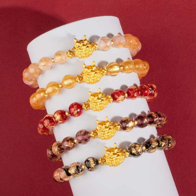 Buddha Stones Year of the Dragon Gold Foil Liuli Glass Bead Luck Bracelet