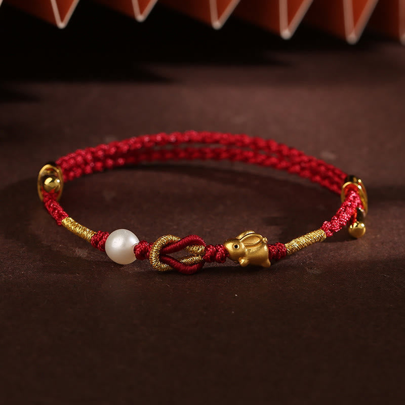 Buddha Stones 24K Gold Wish Ruyi Handle Fu Character Rabbit Pearl Luck Braided Bracelet