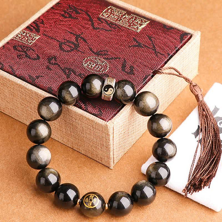 Buddha Stones 925 Sterling Silver Black Obsidian Gold Sheen Obsidian Silver Sheen Obsidian Yin Yang Protection Bracelet