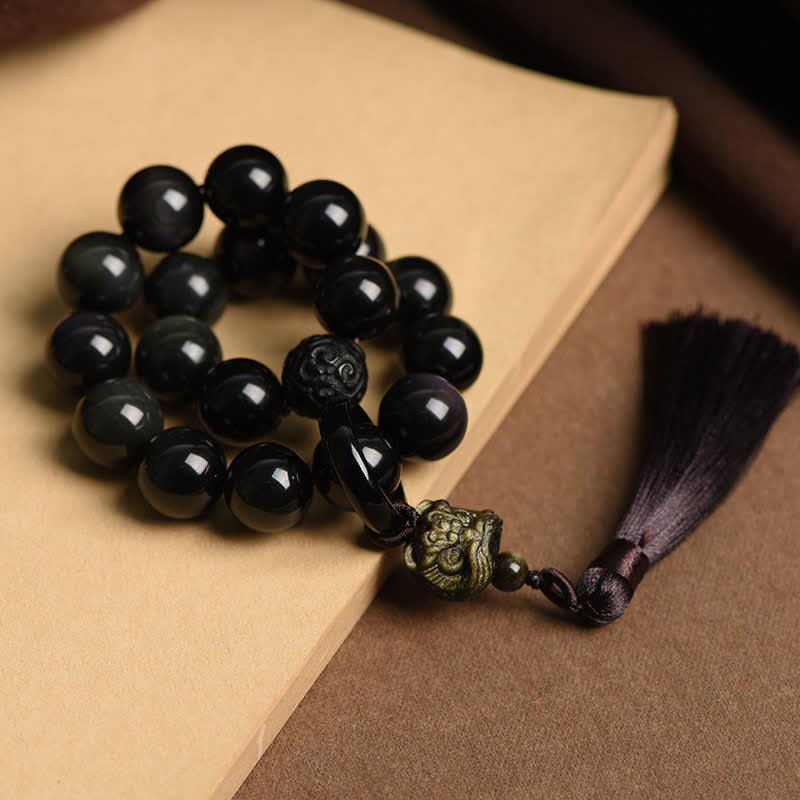 Buddha Stones Natural Black Obsidian Lion Wrist Mala Protection Tassels Pocket Mala Car Decoration