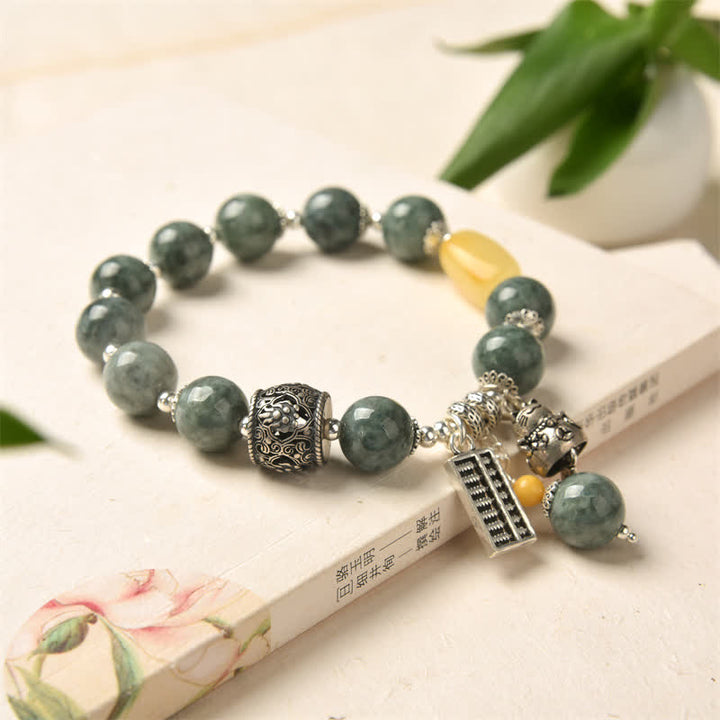 925 Sterling Silver Cyan Jade Amber Abacus Lucky Cat Success Bracelet