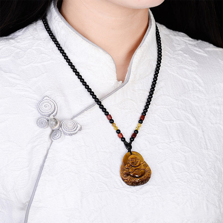 Buddha Stones Tiger's Eye Laughing Buddha Blessing Necklace