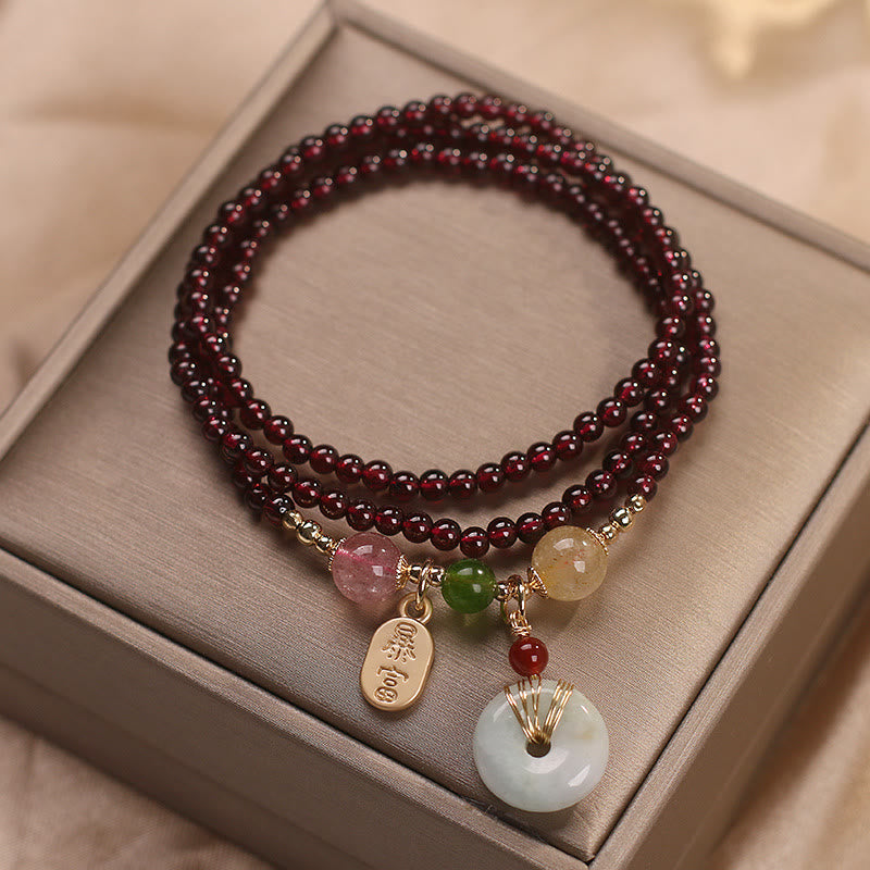 Buddha Stones Natural Garnet Strawberry Quartz Crystal Fox Koi Fish Peace Buckle Fortune Protection Triple Wrap Bracelet