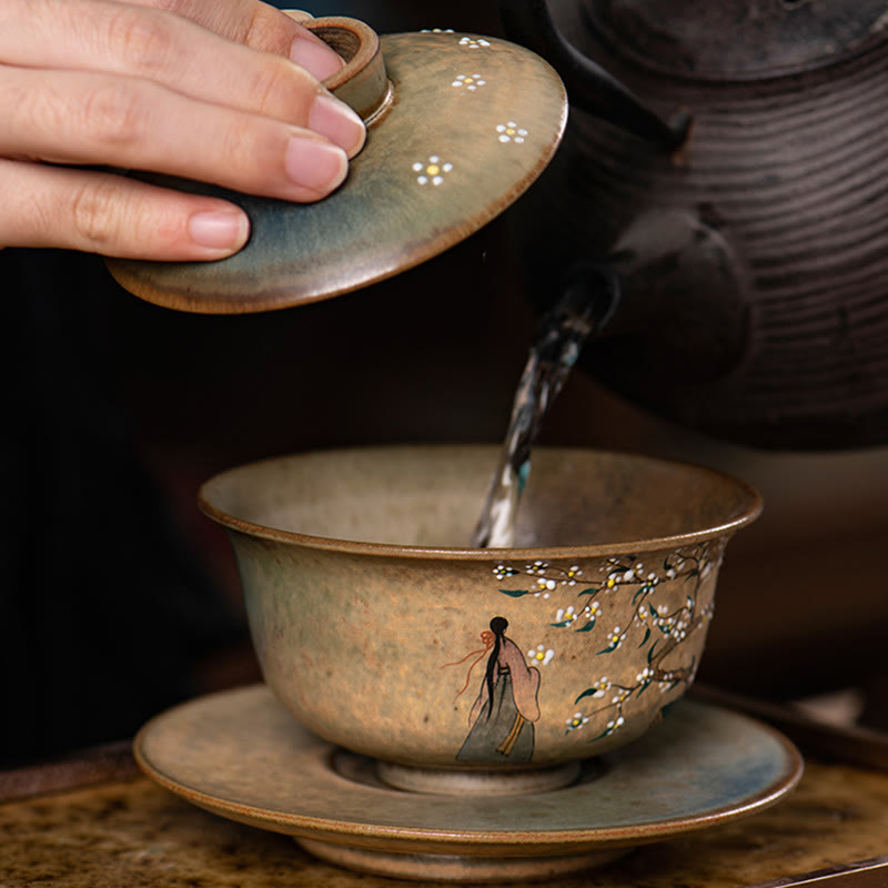 Buddha Stones Jingdezhen Hand Painted Ru Kiln Porcelain Hanfu Girl Flower Ceramic Gaiwan Sancai Teacup Kung Fu Tea Cup And Saucer With Lid