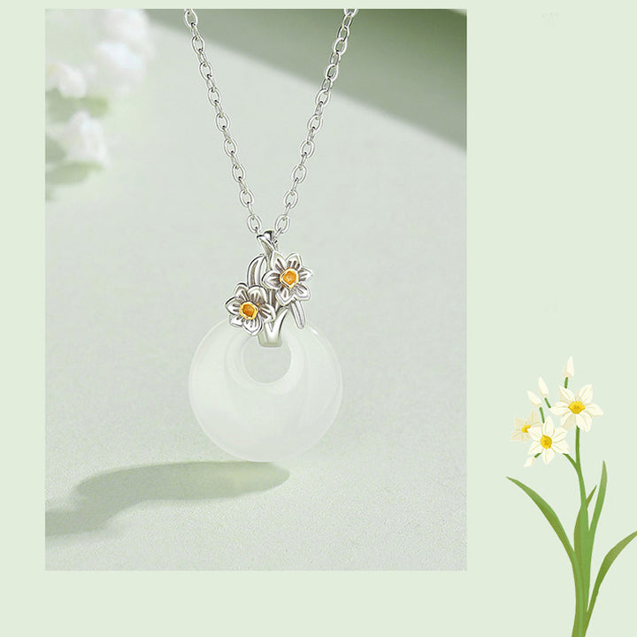 Buddha Stones 925 Sterling Silver Round Chalcedony Twelve Months Flower Harmony Necklace Pendant