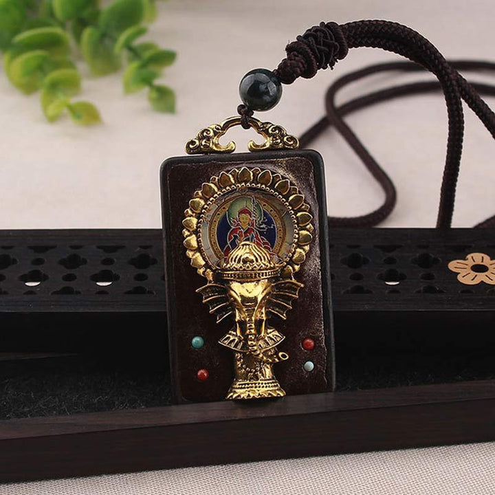 Ebony Wood Elephant God of Fortune Buddha Blessing Necklace String Pendant