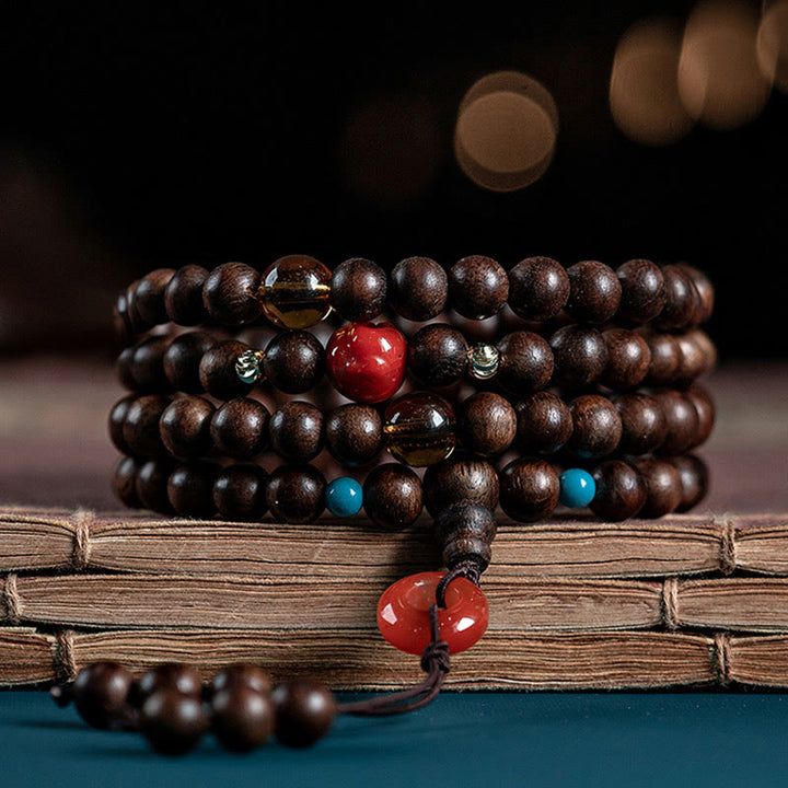 Buddha Stones 108 Mala Beads Kalimantan Agarwood Laughing Buddha Peace Buckle Red Agate Jade Strength Bracelet