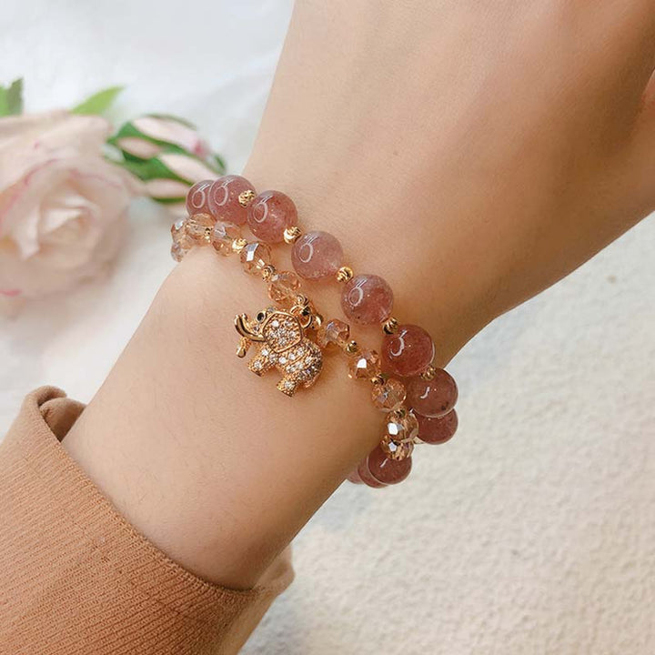 Buddha Stones Rose Quartz Elephant Healing Energy Charm Bracelet