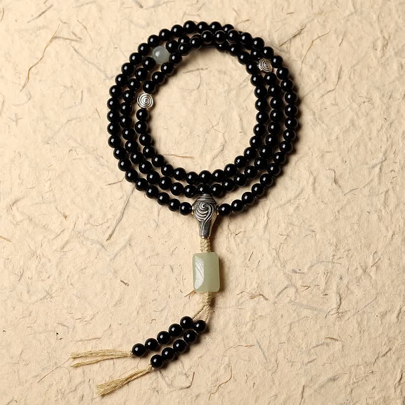 Tibetan Black Onyx Hetian Jade 108 Mala Beads Fortune Bracelet