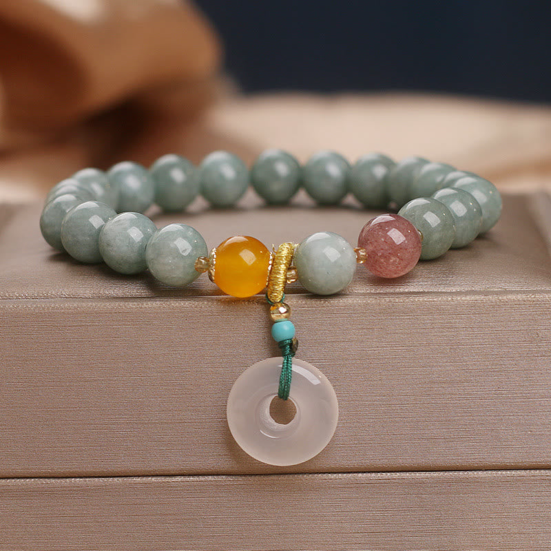 Buddha Stones Natural Jade Strawberry Quartz Bead Peace Buckle Prosperity Bracelet