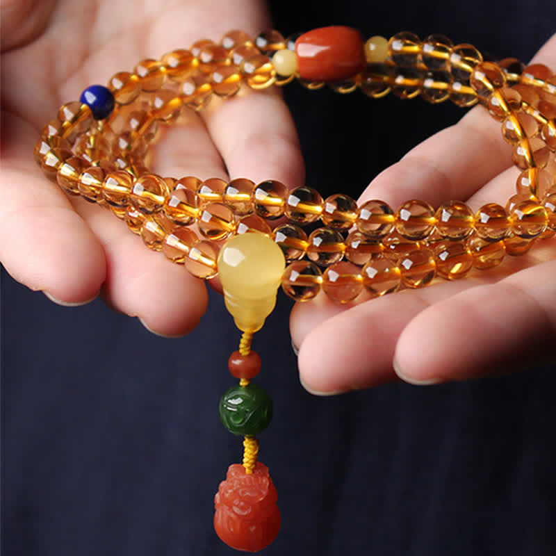 108 Mala Beads Natural Citrine Amber Peace Buckle Red Agate PiXiu Protection Charm Bracelet