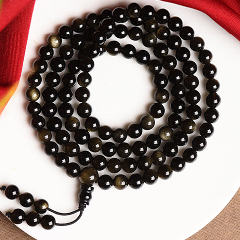 Buddha Stones 108 Mala Beads Natural Gold Sheen Obsidian Wealth Bracelet