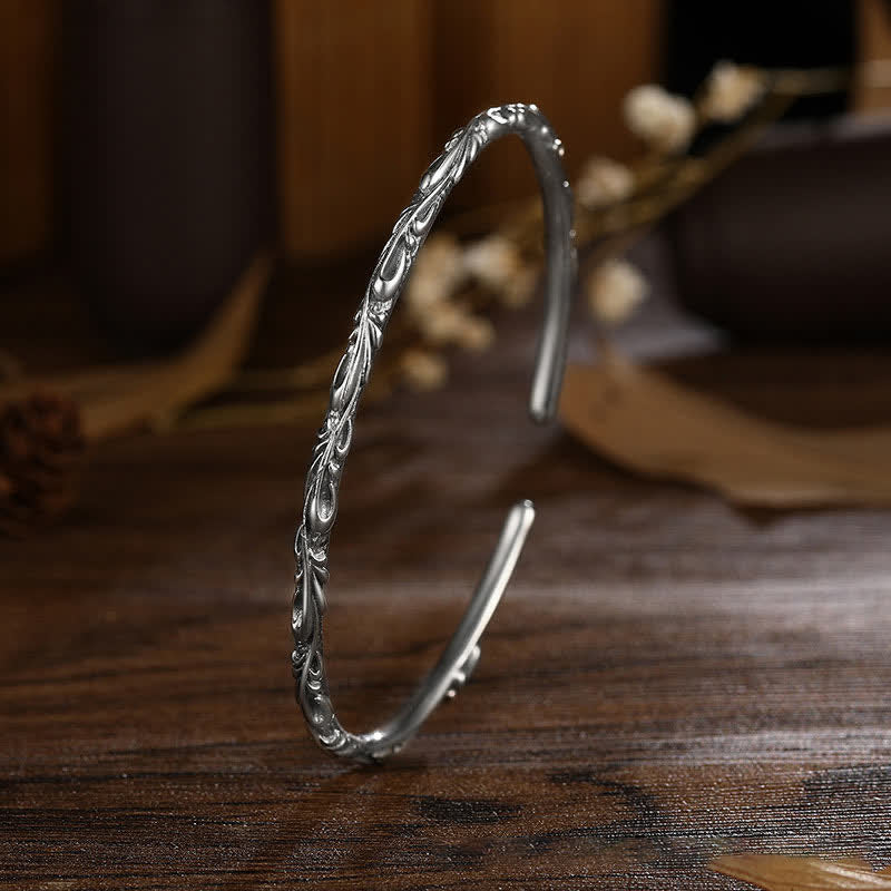 925 Sterling Silver Handmade Vines Engraved Protection Bracelet Bangle