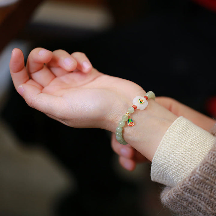 Buddha Stones 925 Sterling Silver Plated Gold Natural Hetian Jade Bead Gourd Lotus Bamboo Fu Character Luck Bracelet