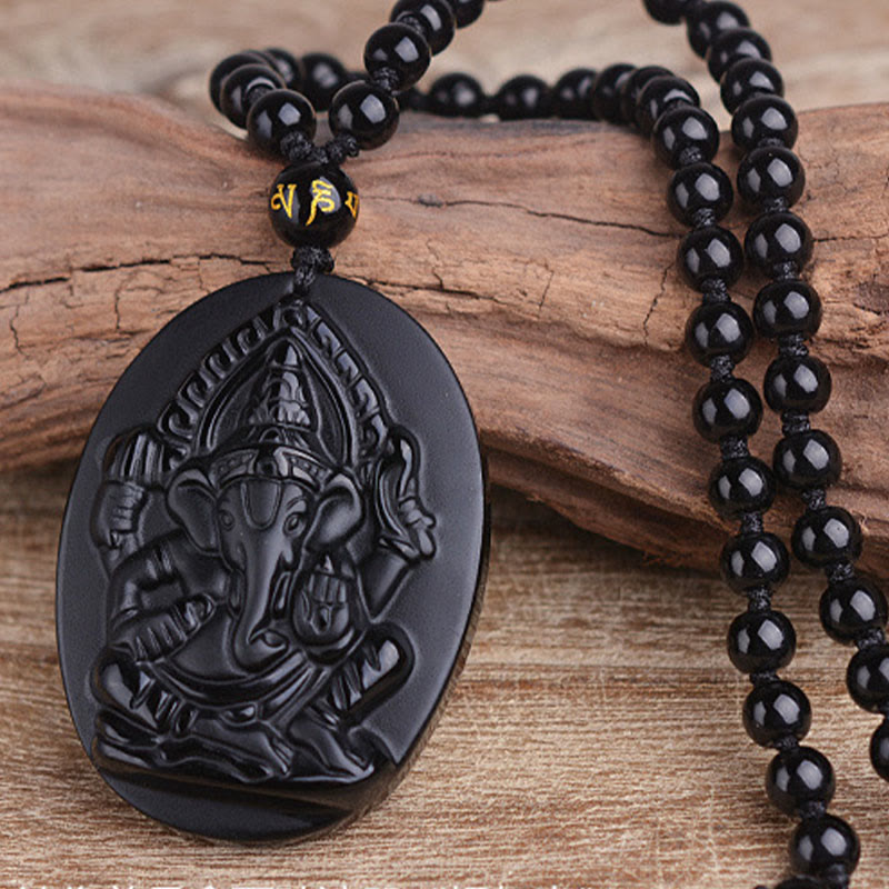 Buddha Stones Tibetan Obsidian Ganesh Ganpati Elephant Wealth Amulet Necklace