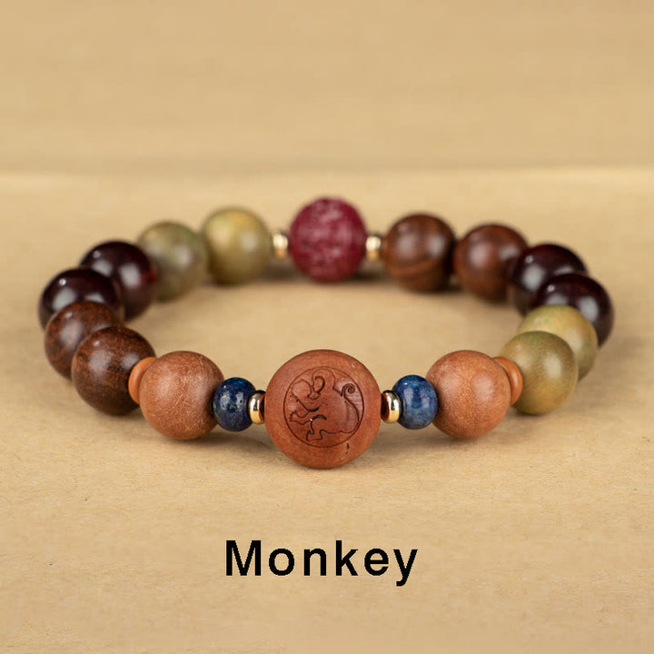 Buddha Stones Chinese Zodiac Natural Green Sandalwood Protection Bracelet