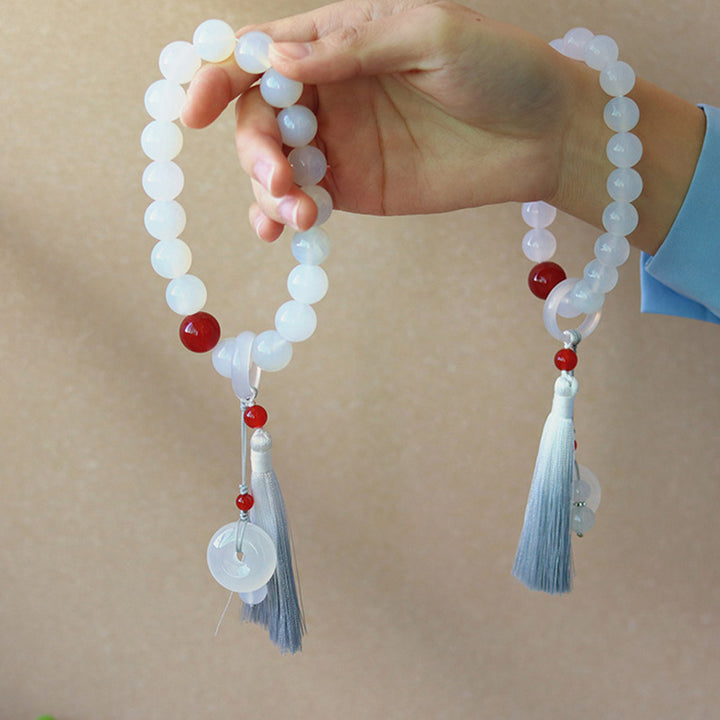 Buddha Stones White Agate Red Agate Luck Wrist Mala Tassels Pocket Mala Car Decoration