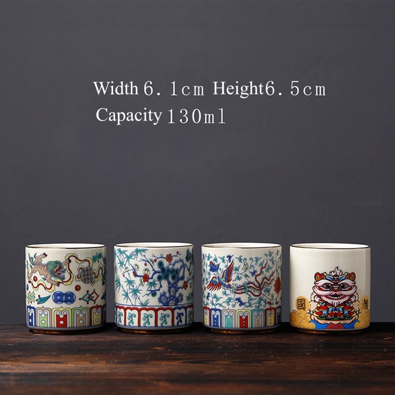 Buddha Stones Vintage Plum Blossom Pine Bamboo Phoenix Kirin Lion Dancing Ceramic Teacup Tea Cups