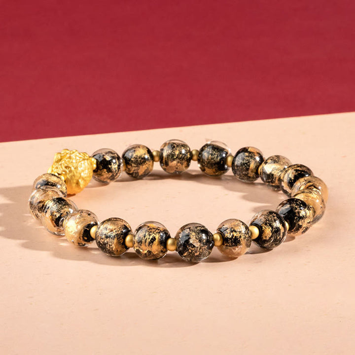 Buddha Stones Year of the Dragon Gold Foil Liuli Glass Bead Luck Bracelet