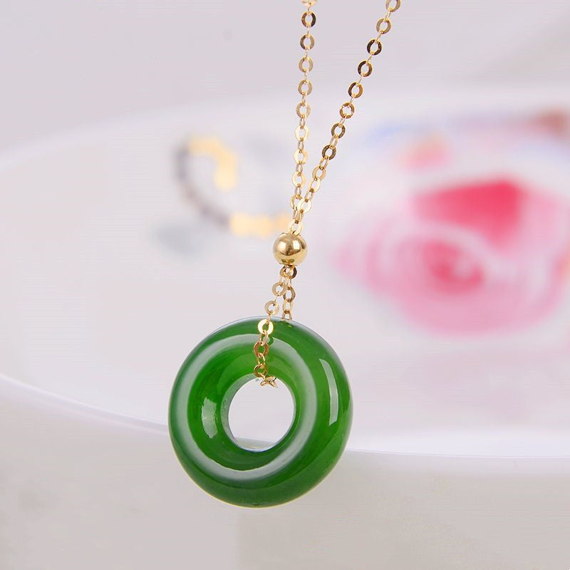 Round Cyan Jade Healing 14K Gold Necklace Pendant