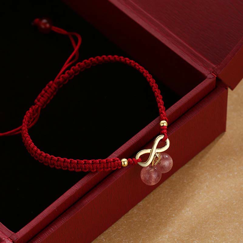 Buddha Stones Strawberry Quartz Crystal Endless Knot Love Healing Red String Weave Bracelet