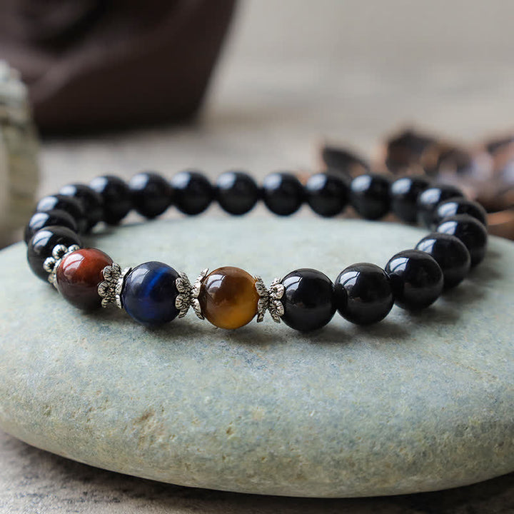 Natural Black Obsidian Tricolor Tiger Eye Strength Bracelet