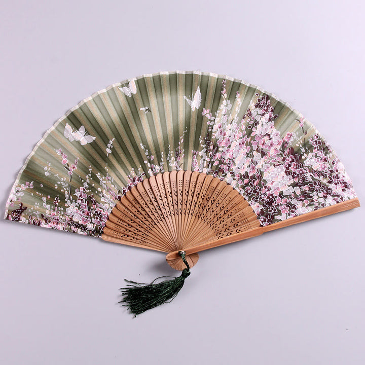 Buddha Stones Butterfly Flowers Handheld Bamboo Folding Fan