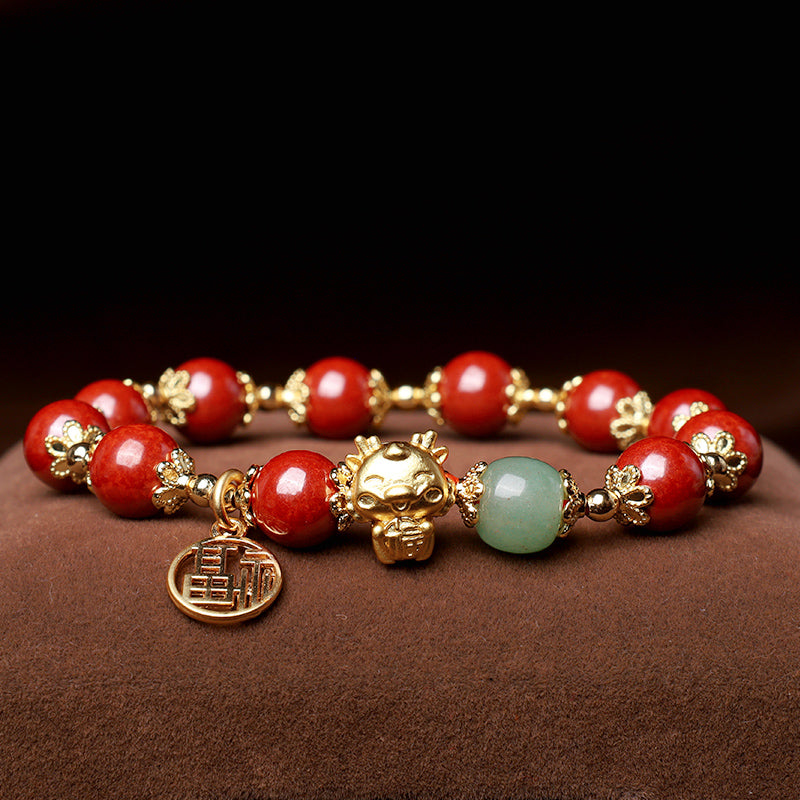 Buddha Stones Year of the Dragon Natural Cinnabar Fu Character Charm Blessing Bracelet