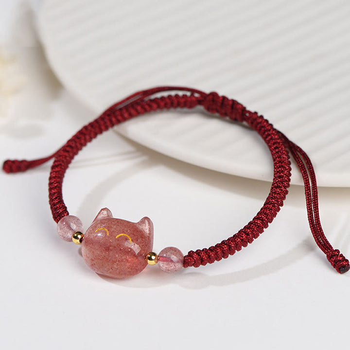 Buddha Stones Handmade Natural Silver Sheen Obsidian Strawberry Quartz Cute Cat Protection Braided Bracelet