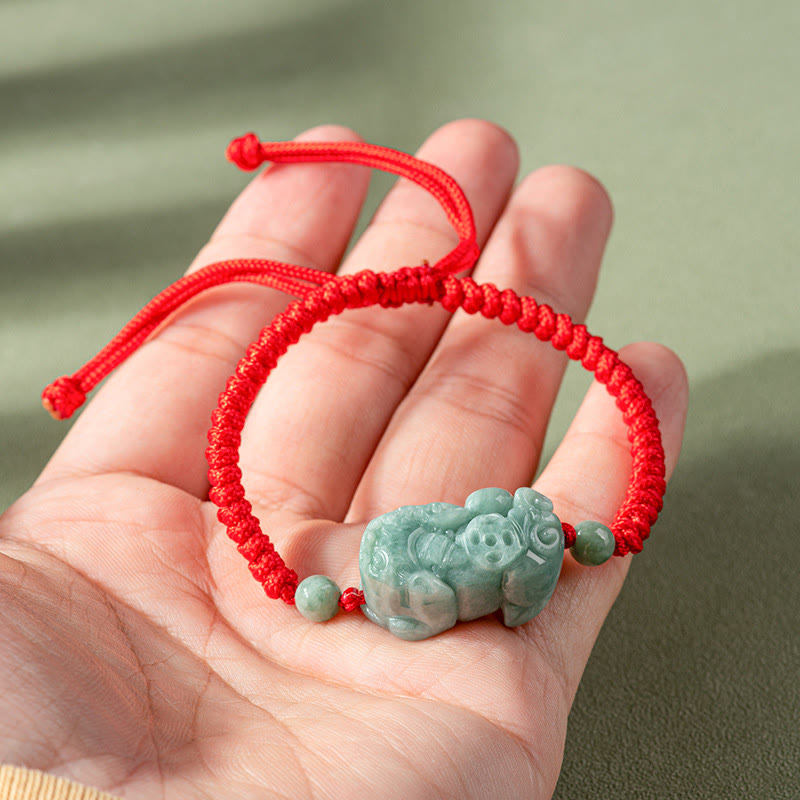 Buddha Stones Handmade Natural Jade PiXiu Protection King Kong Knot Braided String Bracelet