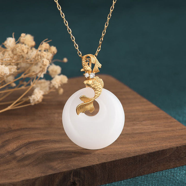 Buddha Stones White Jade Koi Fish Wealth Prosperity Necklace Pendant