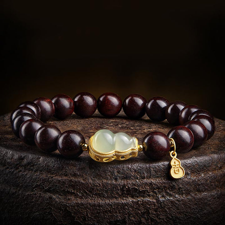 Buddha Stones Small Leaf Red Sandalwood Gourd Jade Calm Relaxation Bracelet