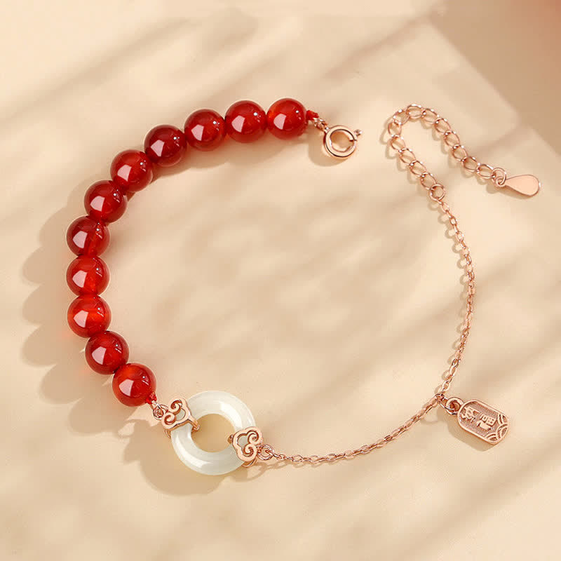 925 Sterling Silver Natural Red Agate White Jade Peace Buckle Confidence Bracelet