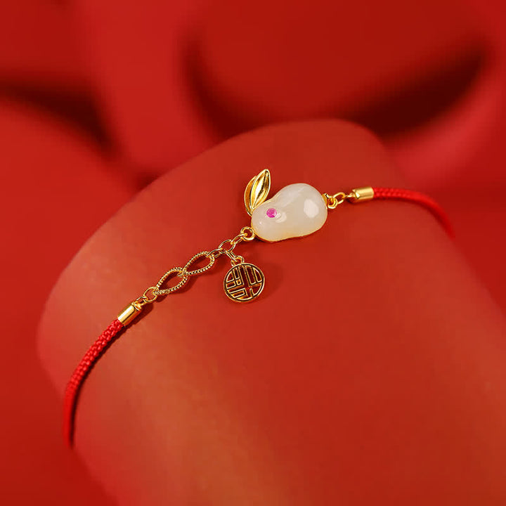 925 Sterling Silver Year of the Rabbit Hetian White Jade Luck Blessing Red String Bracelet