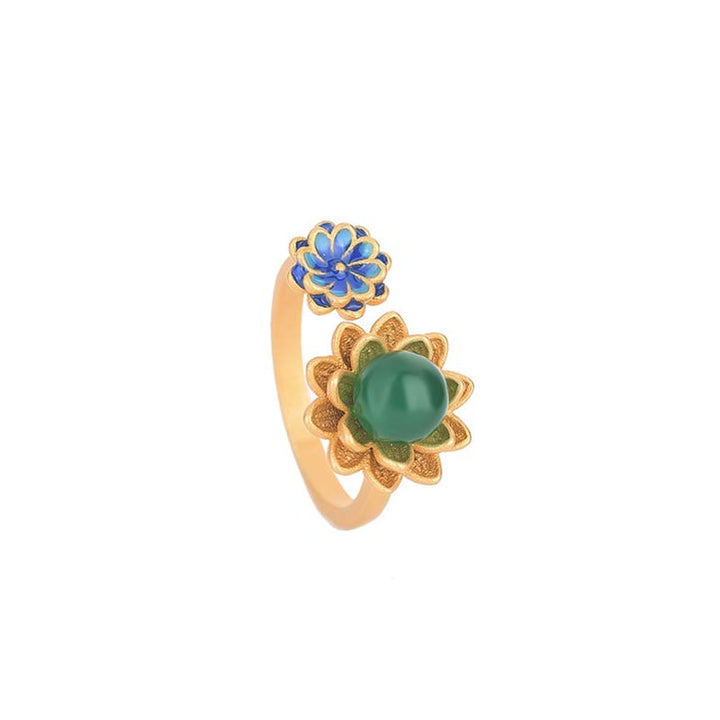 Buddha Stones Lotus Pattern Jade Abundance Adjustable Ring