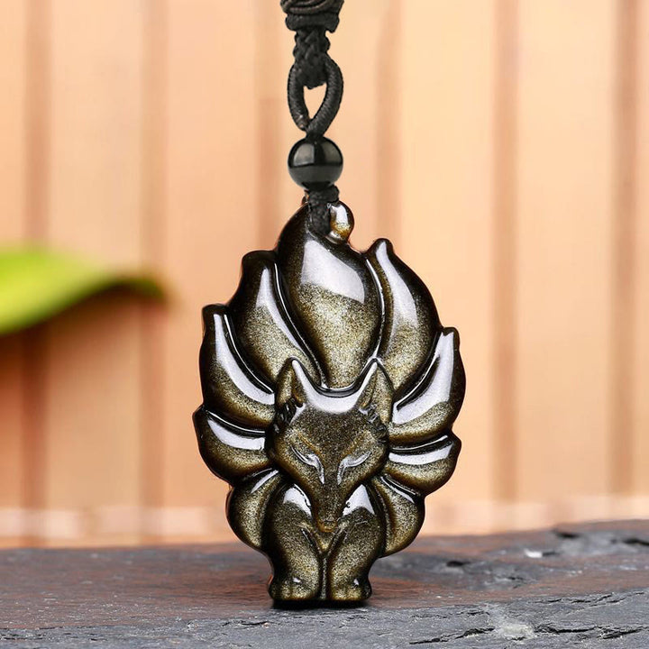 Buddha Stones Natural Fluorite Gold Sheen Obsidian Fox Pendant Protection Necklace