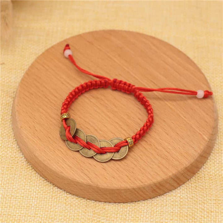 Buddha Stones Copper Coin Fortune Red String Weave Bracelet