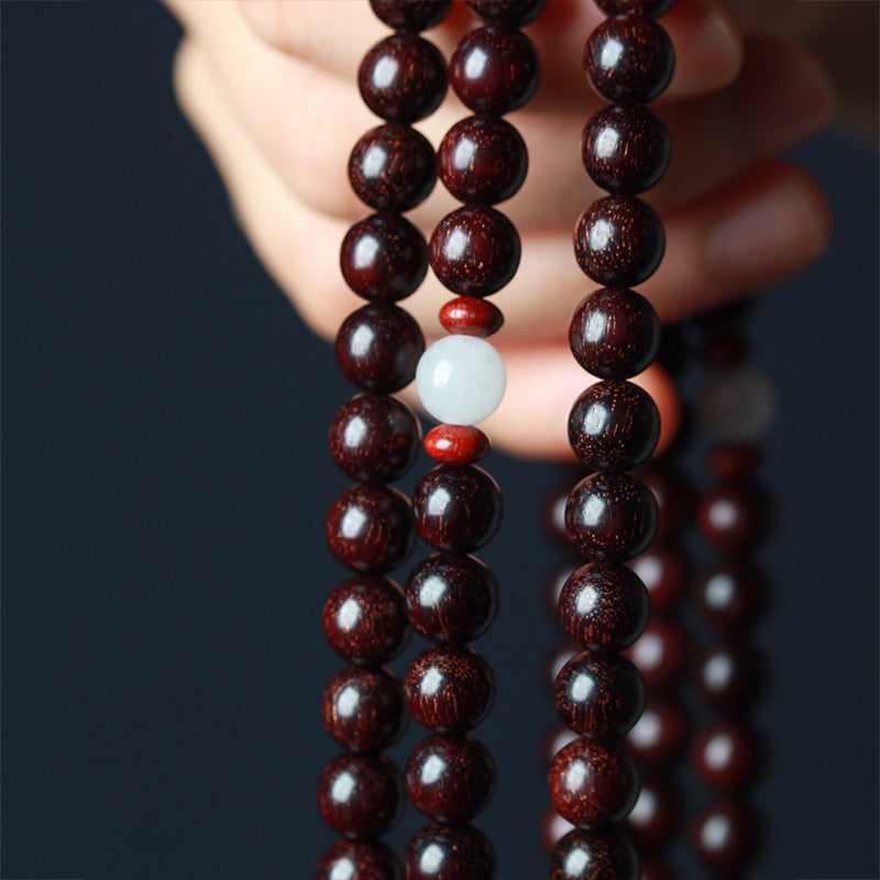 Buddha Stones Tibetan Small Leaf Red Sandalwood Lotus Mala Balance Bracelet