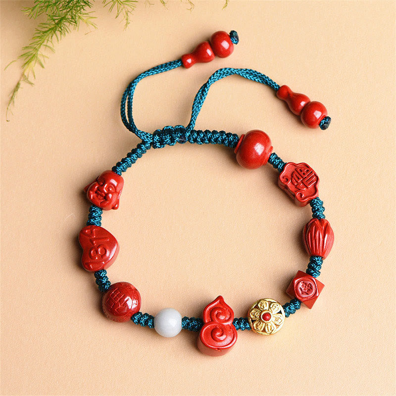 Natural Cinnabar Gourd Om Mani Padme Hum Laughing Buddha Blessing String Bracelet