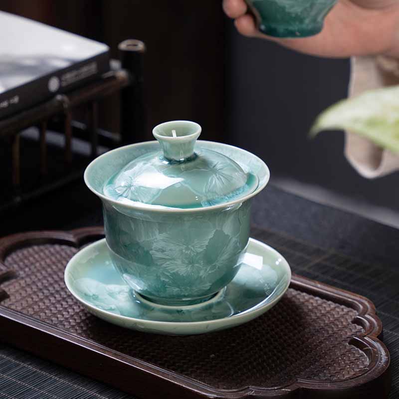 Buddha Stones Traditional Glaze Ceramic Gaiwan Sancai Teacup Kung Fu Tea Cup And Saucer With Lid 180ml