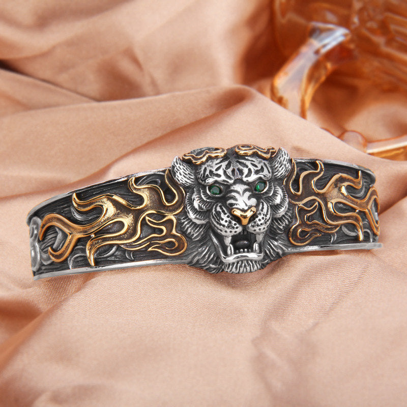 Buddha Stones 925 Sterling Silver Chinese Zodiac Tiger Keep Away Evil Spirits Bracelet Bangle