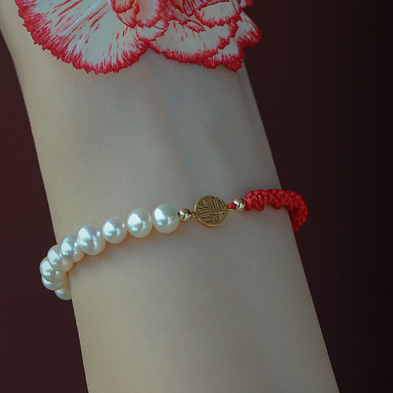 14K Gold Plated Pearl Bead Luck Protection Braid Red String Bracelet