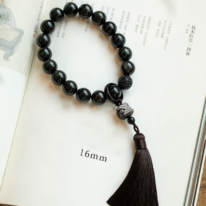 Natural Silver Sheen Obsidian Black Obsidian Lion Wrist Mala Protection Tassels Pocket Mala Car Decoration