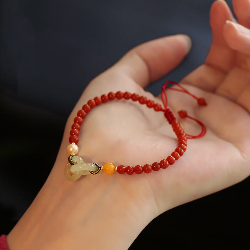 Buddha Stones Natural Red Agate Hetian Jade Double Peace Buckle Confidence Bracelet