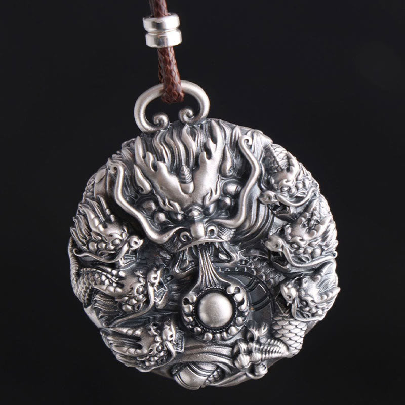 Buddha Stones 999 Sterling Silver Nine Dragons Playing With A Pearl Luck Protection Necklace Pendant