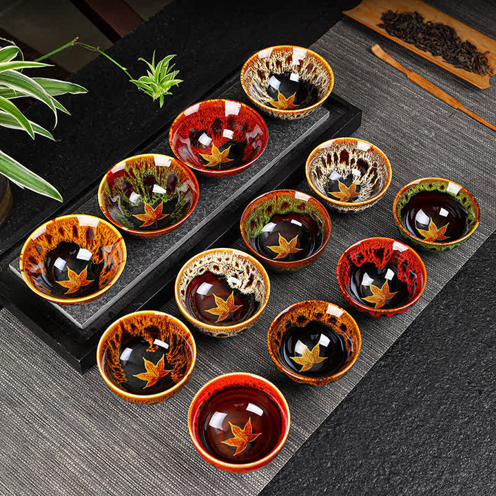 Buddha Stones Maple Leaf Colorful Ceramic Teacup Home Tea Cups